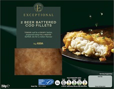 Pack shot of Asda Exceptional 2 beer battered cod fillets - link