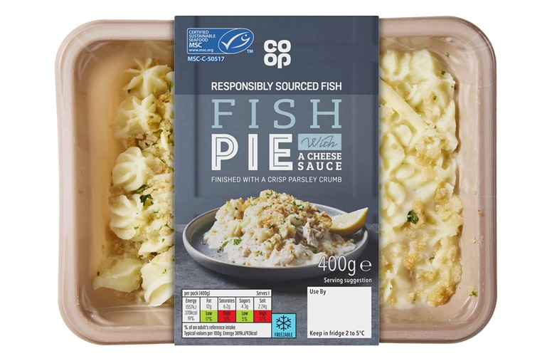 Packed shot of MSC certified Coop fish pie
