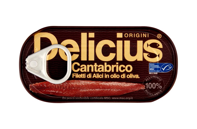 Packet shot of Delicius Cantabrico anchovy fillets
