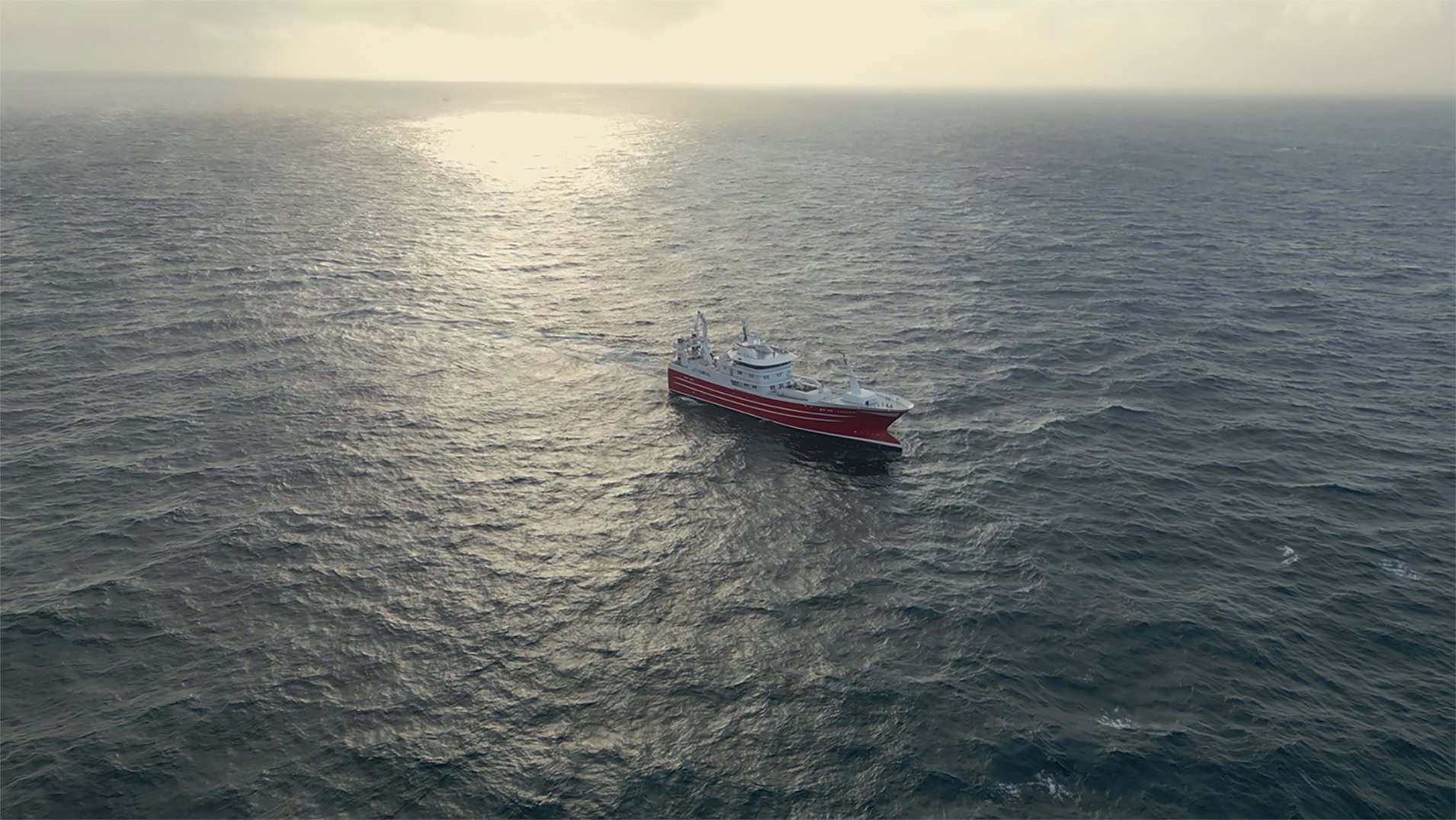 Drone shot of the Artemis fishing vessel at sea