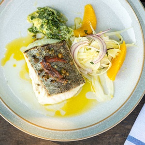 Hake with fennel salad & crunchy salsa verde