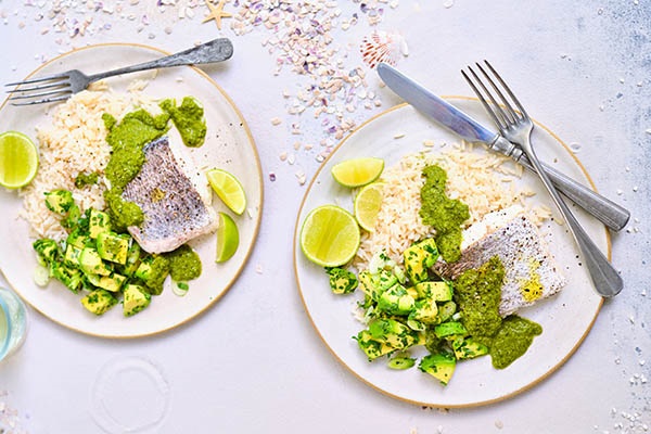 Hake with avocado and mojo verde