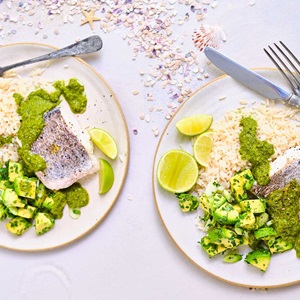 Hake with avocado and mojo verde