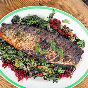 Hot smoked salmon and spring greens