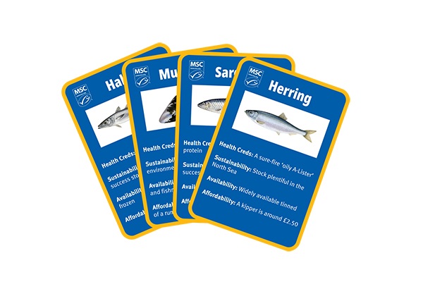 Top trump card illustration with hake, mussels, sardines and herring cards